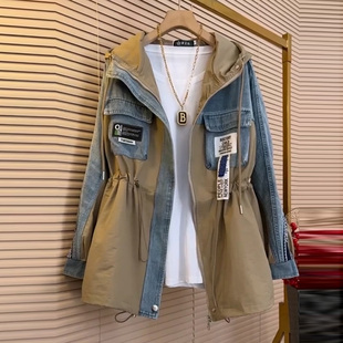 大码 新款 女装 时尚 休闲风衣外套 韩版 休闲连帽牛仔拼接款 胖妹妹春季