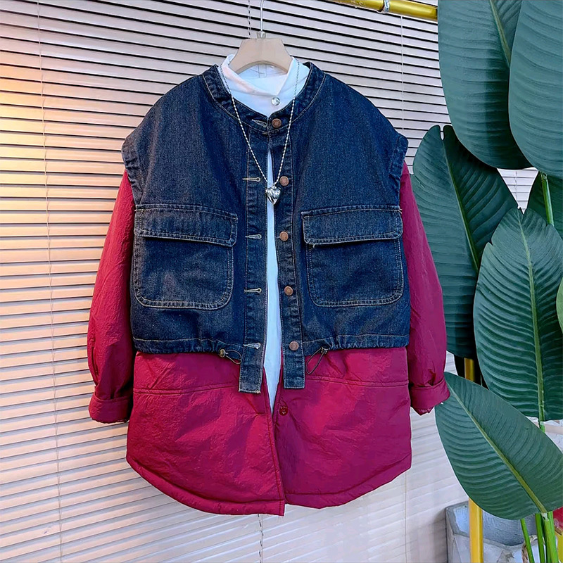 牛仔拼接厚款棉服外套