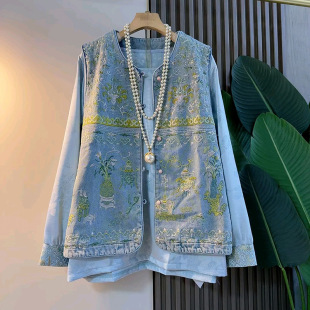 国潮牛仔绣花马甲新款胖妹妹休闲气质新中式马夹大码女装提花小衫