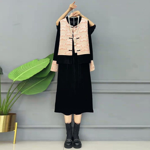 女装 半身裙套装 盘扣马甲圆领拼接袖 胖MM下那是长款 打底衫 国风大码