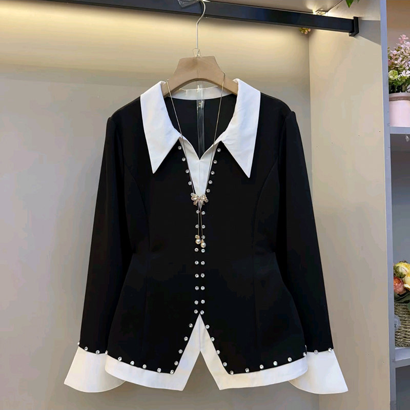 大码女装假两件撞色镶钻百搭上衣