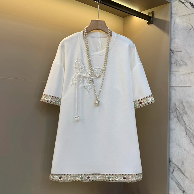 国风大码女装刺绣蝴蝶结T恤