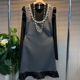 女装 胖妹妹洋气钉珠木耳花边马甲裙打底衫 大码 新款 气质两件套 套装