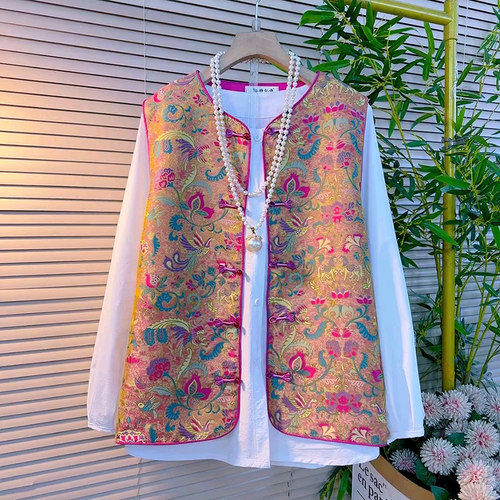 复古提花大码女装盘扣新中式马甲