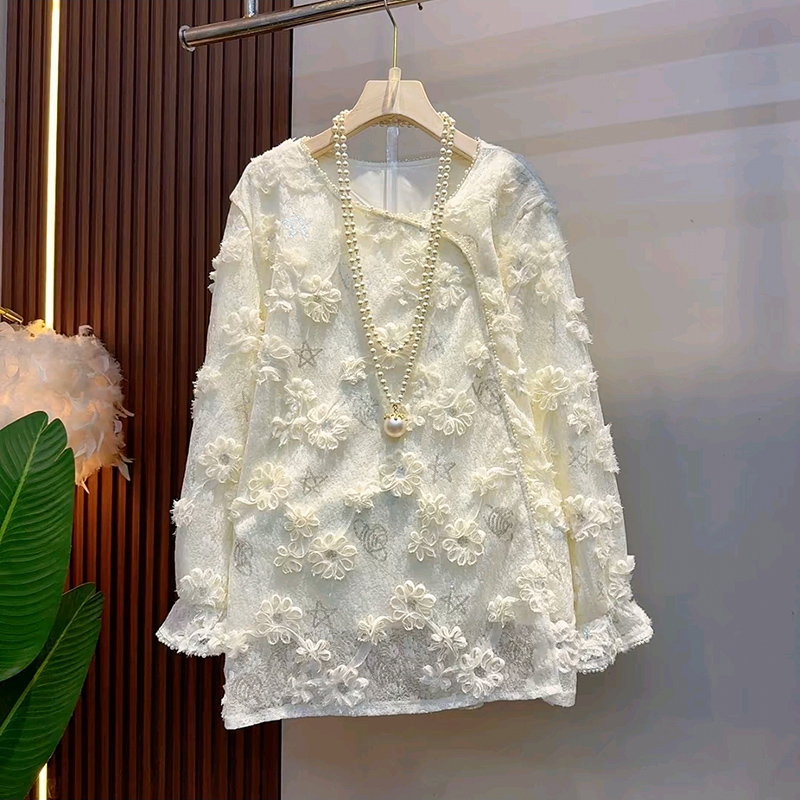 钉珠大码女装亮片花朵衬衫