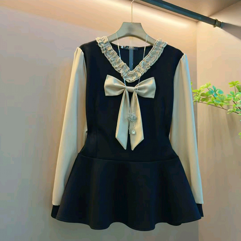 拼色V领大码女装蝴蝶结小衫