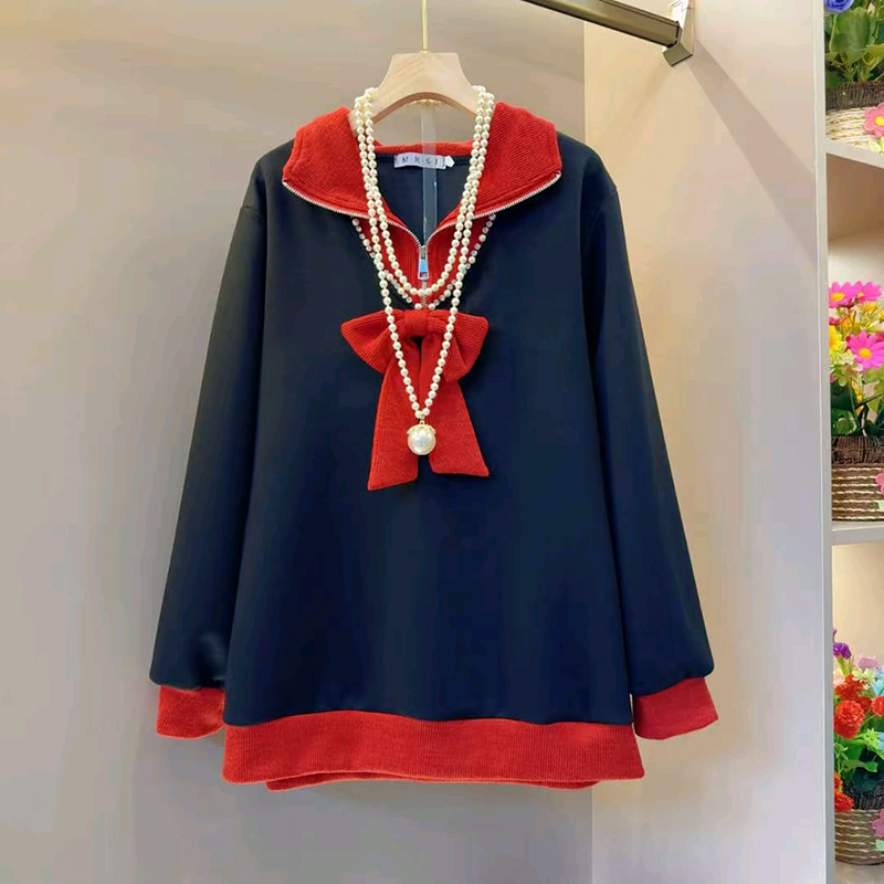时尚撞色设计感假两件蝴蝶结卫衣