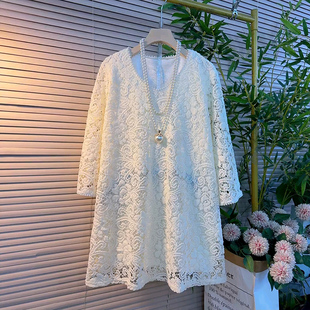 女装 大码 胖mm气质百搭上衣 韩系镂空提花刺绣订珠设计感蕾丝衫 新款