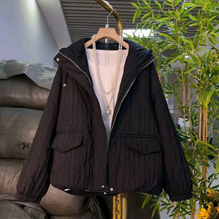 女装 冬季 夹棉条格轻薄连帽棉服外套大码 欧货时尚 胖mm休闲上衣 新款