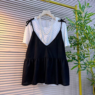 女装 新款 糖果色针织吊带大码 两件套 胖mm波点打底小衫 时尚 韩版 夏季
