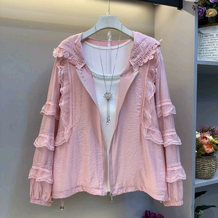 时尚 胖妹妹2025春夏季 女装 大码 连帽蕾丝花边拼接简约洋气外套 新款