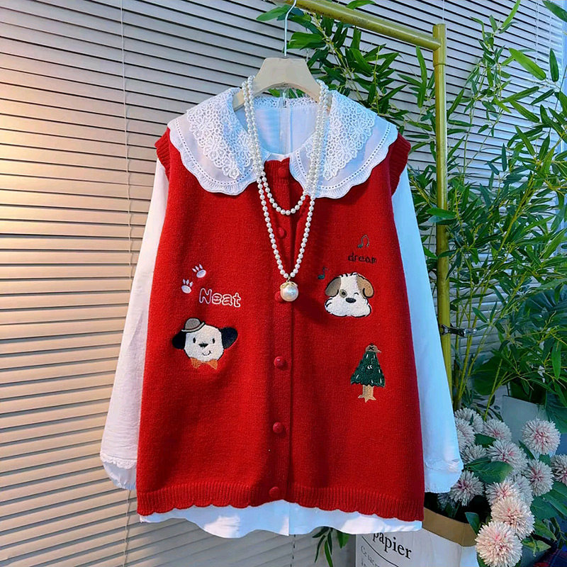 减龄卡通刺绣遮肉针织马甲胖妹妹甜美娃娃领长袖衬衫新款大码女装,女装/女士精品,大码内搭,淘宝优惠券,粉丝福利购,淘宝优惠卷