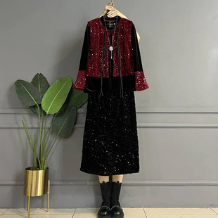 盘扣丝绒半身裙亮片马甲胖MM韩版 女装 减龄三件套 大码 新款