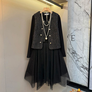 潮 女装 小香风马甲拼接撒星网纱连衣裙气质减龄显瘦套装 胖妹妹大码