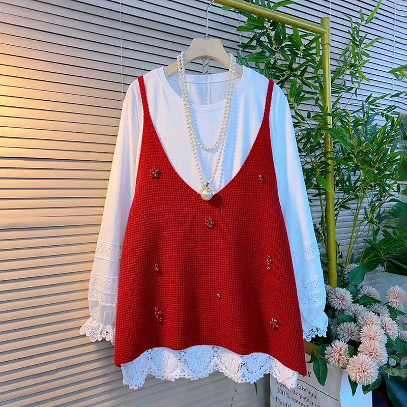 胖妹妹大码女装春季新款韩系中长款吊带订珠针织马甲搭蕾丝花边衫,女装/女士精品,大码内搭,淘宝优惠券,粉丝福利购,淘宝优惠卷