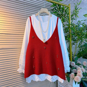 吊带订珠针织马甲搭蕾丝花边衫 胖妹妹大码 新款 韩系中长款 女装 春季