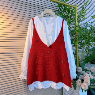 女装 吊带订珠针织马甲搭蕾丝花边衫 春季 韩系中长款 新款 胖妹妹大码