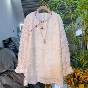 女装 大码 胖mm遮肚子显瘦上衣新 复古国风立体花朵洋气女人衫 新中式