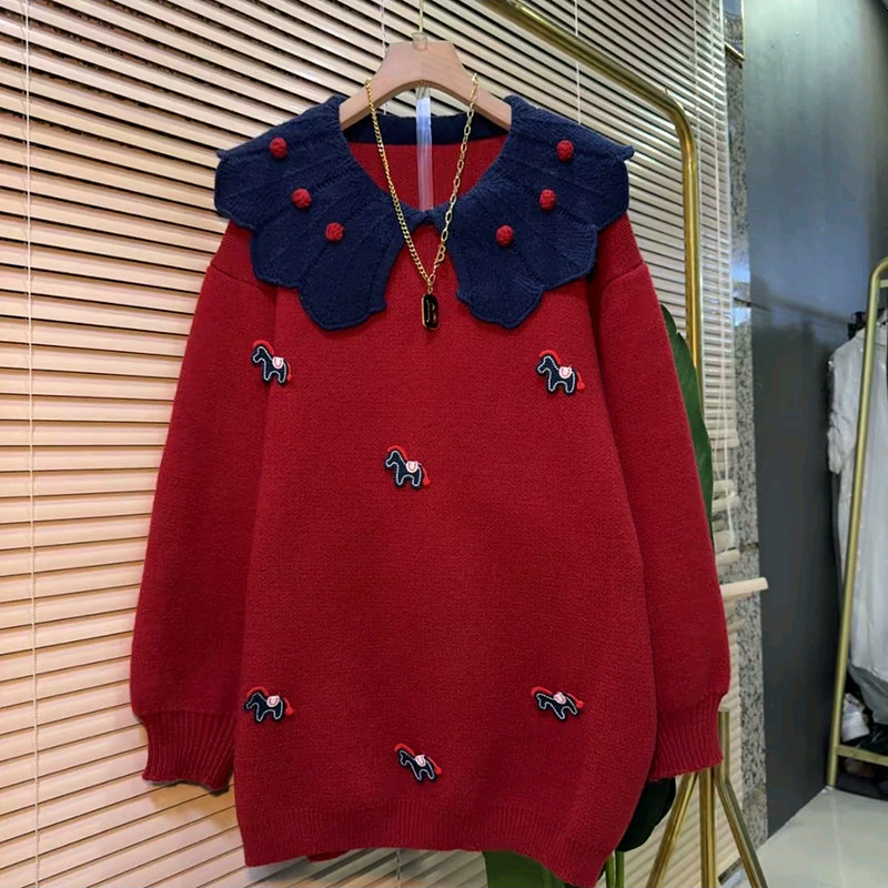 胖妹妹大码女装春季2026新款时尚娃娃领拼接小马宽松针织韩系毛衣,女装/女士精品,大码内搭,淘宝优惠券,粉丝福利购,淘宝优惠卷