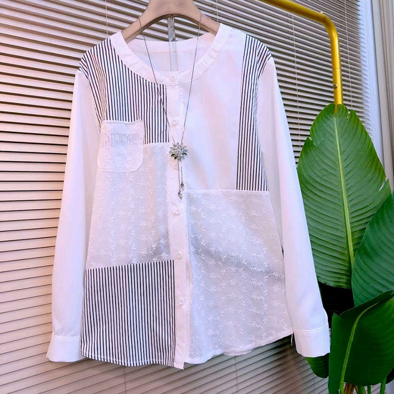 2026春季新款欧货时尚拼条刺绣提花衬衫大码女装设计感洋气上衣女,女装/女士精品,大码内搭,淘宝优惠券,粉丝福利购,淘宝优惠卷