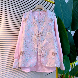 内搭套装 2025新款 高品质国风复古提花盘扣马甲拼袖 女装 胖妹妹大码