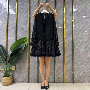 胖妹妹2026秋季新款大码女装法式温柔风马甲黑色波点连衣裙两件套