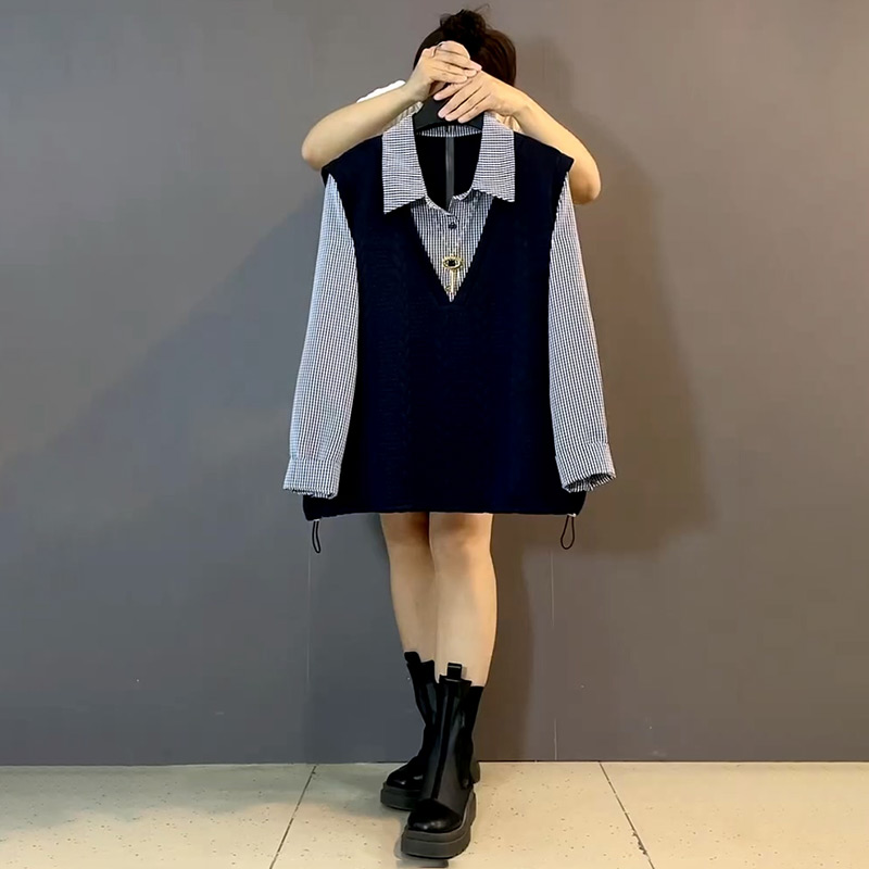 翻领条纹衫拼接假两件上衣