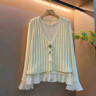 2026春季新款大码女装高级感时尚针织马甲微喇袖打底衫上衣两件套