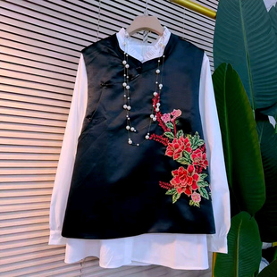 新款 复古大码 套装 刺绣大花马甲胖MM显瘦木耳领边打底衫 两件套 女装