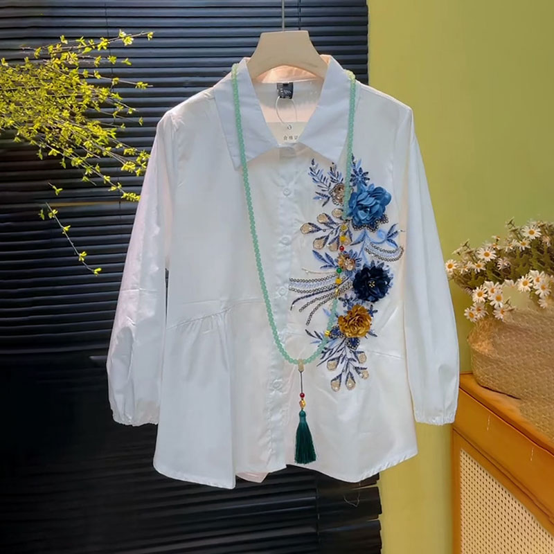 东大门翻领重工刺绣衬衫上衣大码