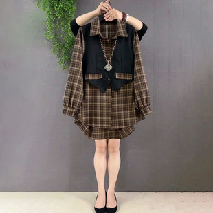 设计感拼接假两件中长款 女装 衬衫 胖妹妹百搭格子上衣大码 新款 韩版