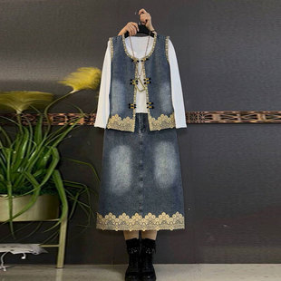 2026春新款复古国风牛仔马甲松紧腰半身裙套装大码女装胖mm打底衫