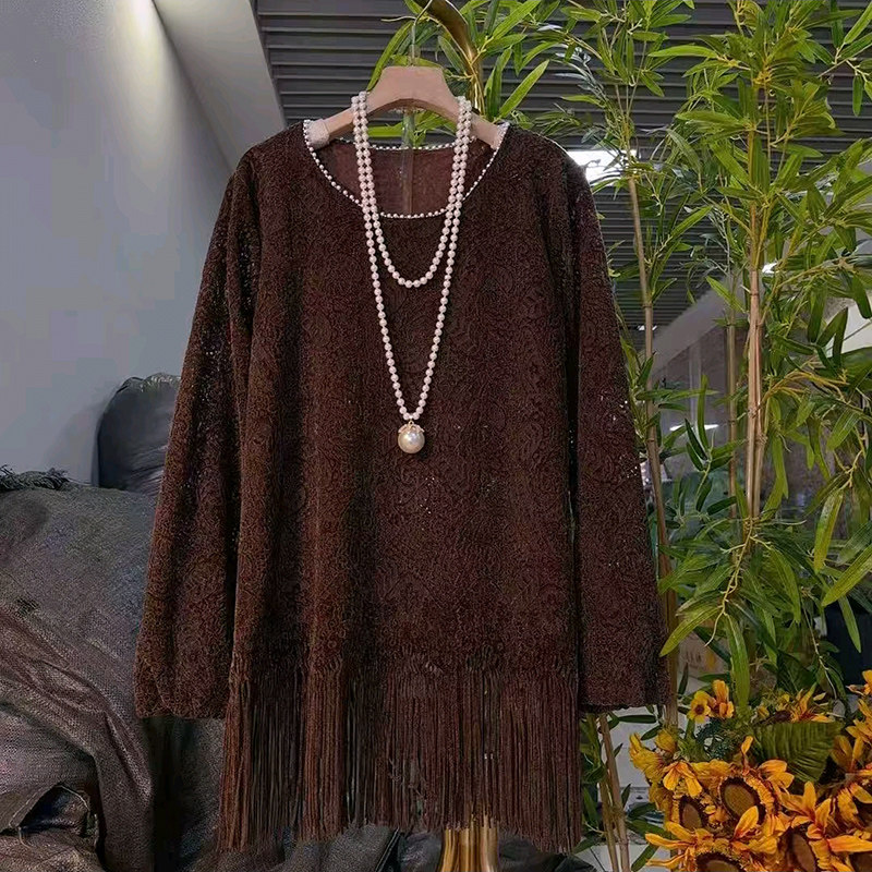 大码女装长袖流苏蕾丝上衣胖MM显瘦中长款打底衫新款钉珠圆领大衫,女装/女士精品,大码内搭,淘宝优惠券,粉丝福利购,淘宝优惠卷