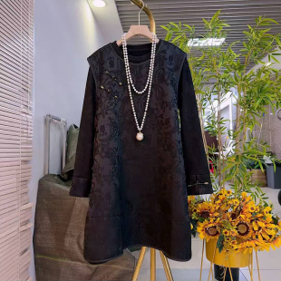 胖mm百搭显瘦打底衫 冬季 女装 国潮风加绒暗花马甲裙大码 两件套 新款