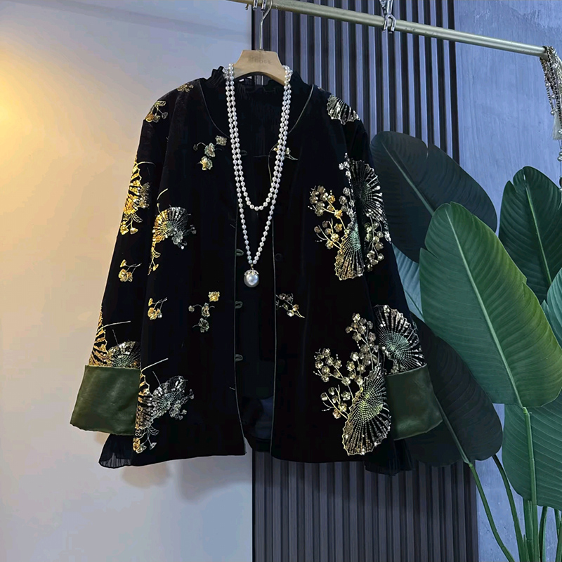 复古大码女装刺绣国风亮片外套