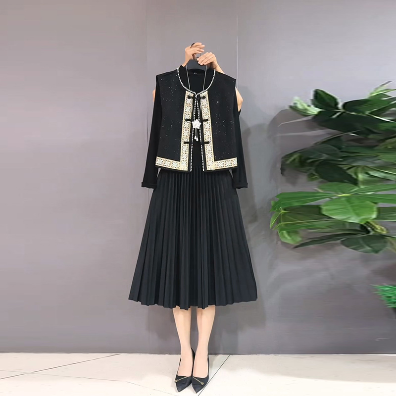 星空国潮风马甲百褶连衣裙两件套