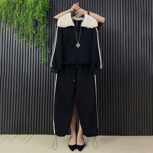 新款 减龄加绒毛领加绒休闲显瘦简约运动套装 大码 时尚 女装 胖mm冬季