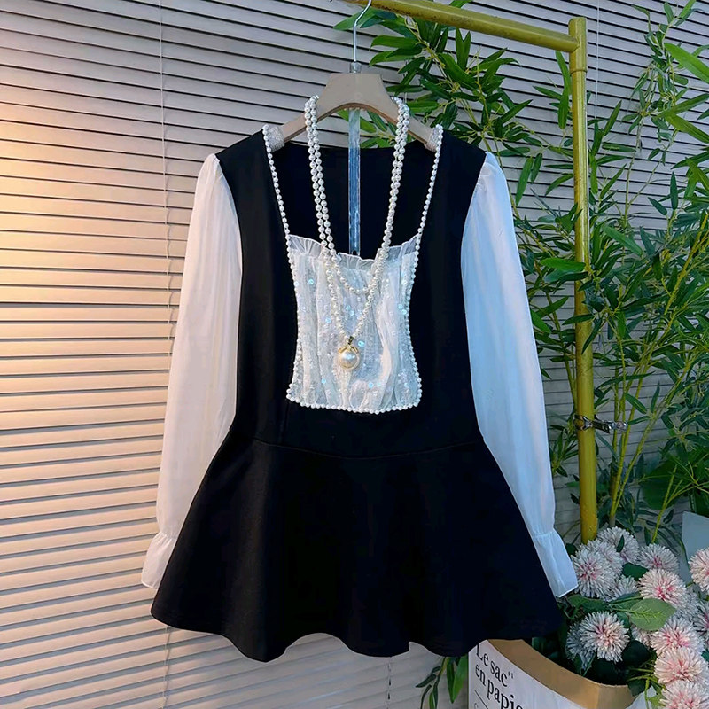 蕾丝拼接假两件大码女装小衫2026春季新款钉珠方领上衣亮片女人衫,女装/女士精品,大码内搭,淘宝优惠券,粉丝福利购,淘宝优惠卷