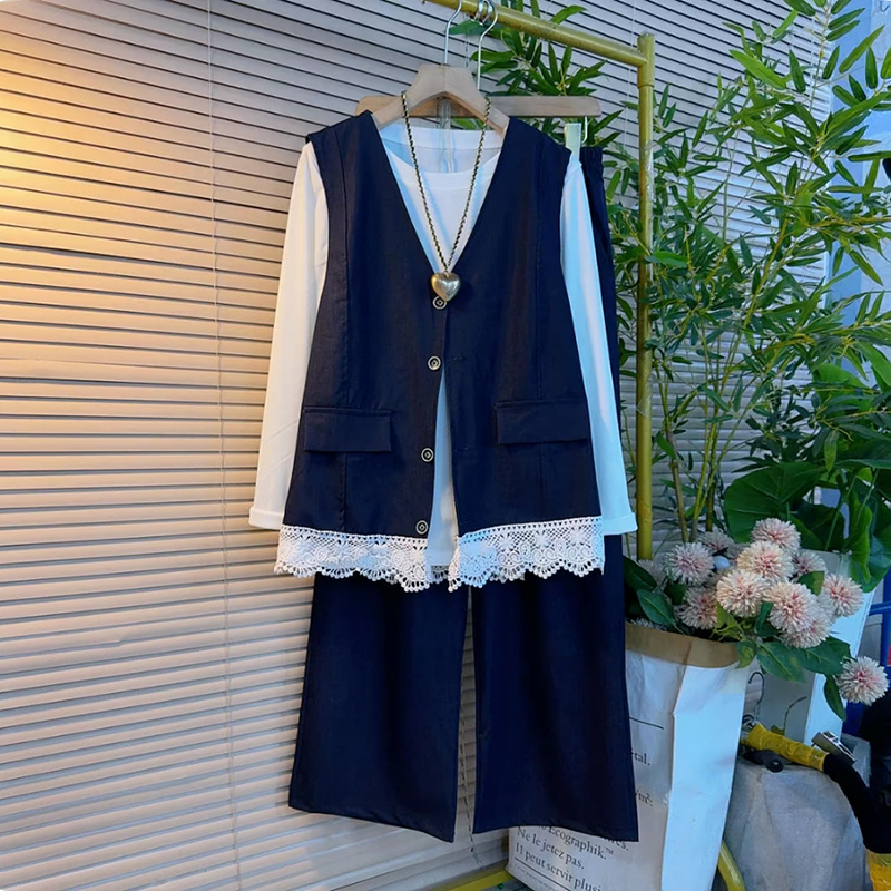 早秋时尚蕾丝花边马甲裤子三件套