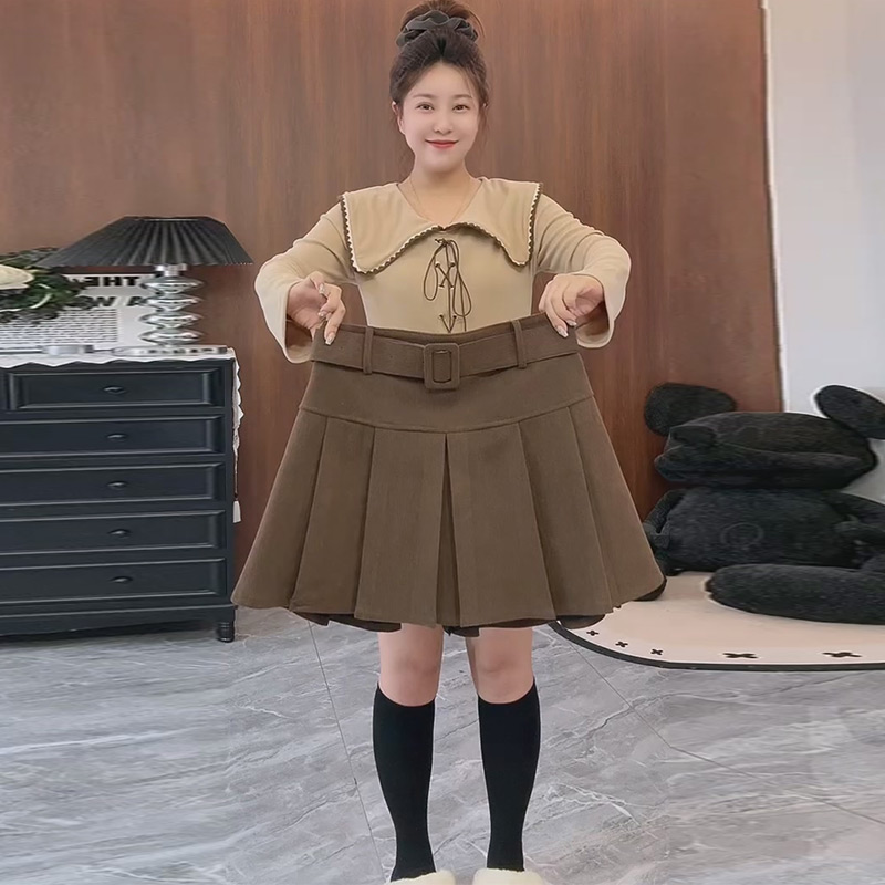 高腰复古腰带百褶短裙