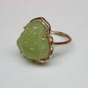 天然新疆和田玉若羌黄口佛公戒指s925银镶戒圈笑口常开活扣可调节