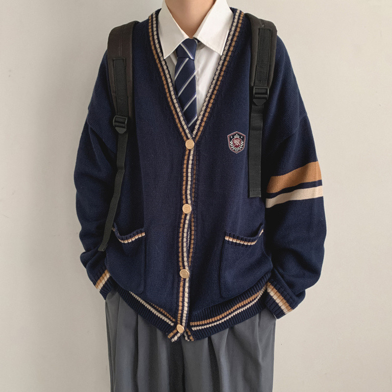 DK JK UNIFORM MENS AUTUMN AND WINTER COLLEGE STYLE V-NECK LOOSE LONG-SLEEVED CARDIGAN SCHOOL KNITTED SWEATER MENS JACKET