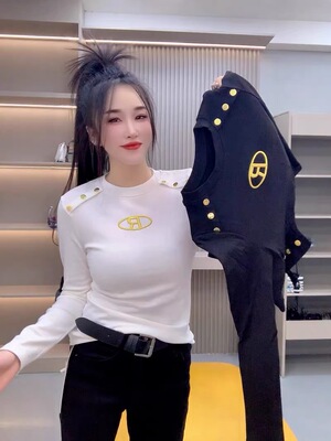 欧货设计感金属扣装饰长袖T恤女2025新款刺绣字母修身打底衫上衣