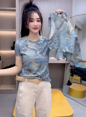 欧洲站晕染蓝色薄款短袖T恤女2025夏季新款时尚百搭显瘦别致上衣