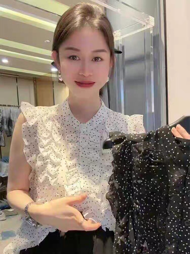 欧货无袖木耳边雪纺衫女夏季韩版设计感小众波点薄款微透立领上衣