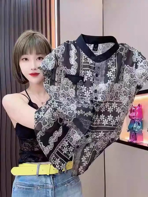 欧货夏季乔其纱立领短袖衬衫女高级感轻奢减龄洋气衬衣通勤OL小衫