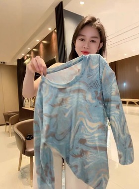 欧货复古扎染蓝色内搭长袖T恤女2025早秋新款设计感小众别致上衣