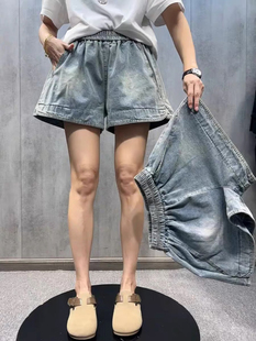 欧货宽松大码胖妹妹牛仔短裤女2025年新款夏季松紧腰A字版阔腿裤