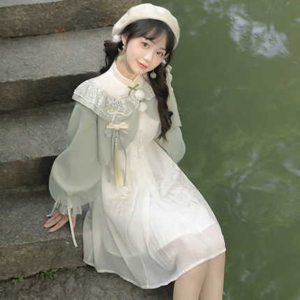 YONA原创设计竹隐中国风复古日常汉服女士v领外套连衣裙两件套