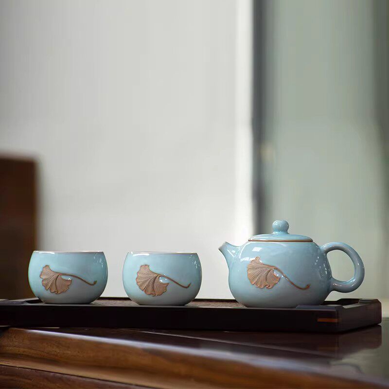 王振芳大师手工茶具套装银杏叶茶壶中式茶杯弘宝汝窑天青一壶两杯